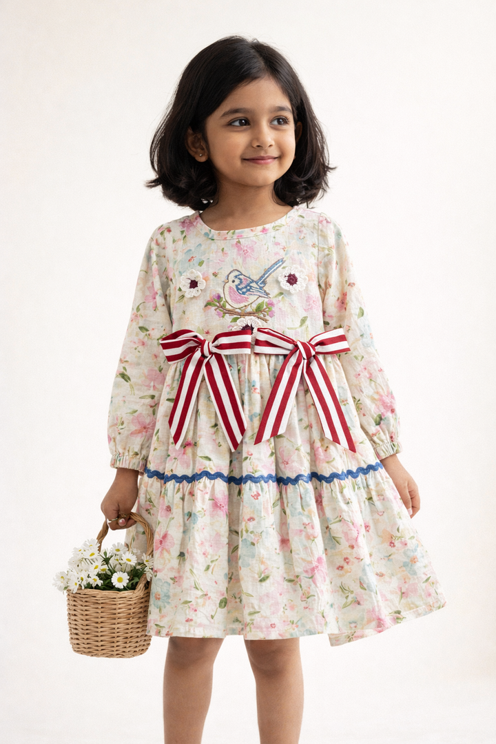 Floral Cotton Linen Dress with Bird Embroidery - CuddlesClothing
