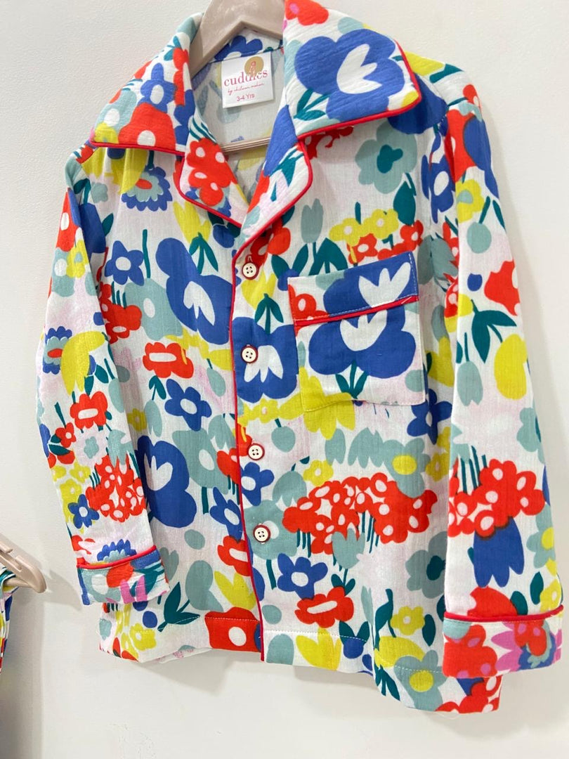 Vibrant Floral Cotton Muslin Nightsuit for Kids - CuddlesClothing