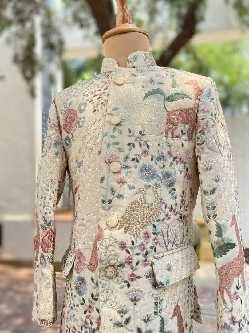 Ivory Silk Jodhpuri Set with Hand-Embroidered Animal & Floral Motifs - CuddlesClothing