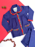 Load image into Gallery viewer, Girls Navy Blue Frock Style Flannel Nightsuit - CuddlesClothing