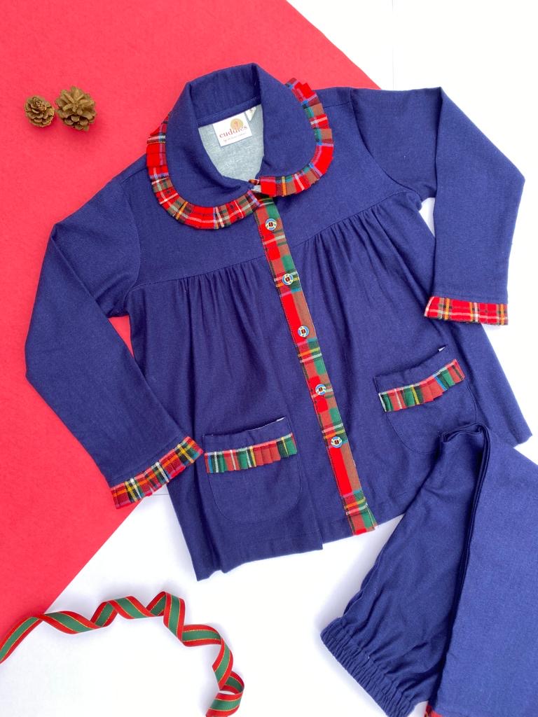 Girls Navy Blue Frock Style Flannel Nightsuit - CuddlesClothing