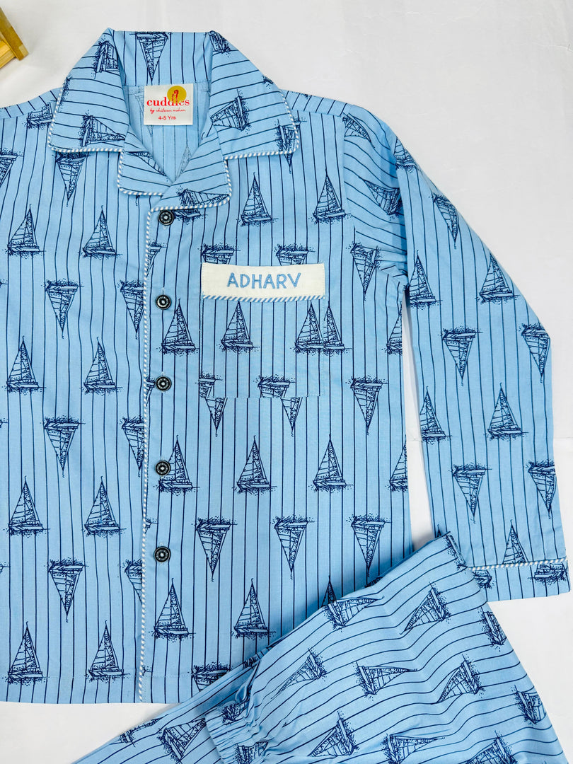 Personalized Light Blue Sailboat Cotton Nightsuit for Boys - CuddlesClothing